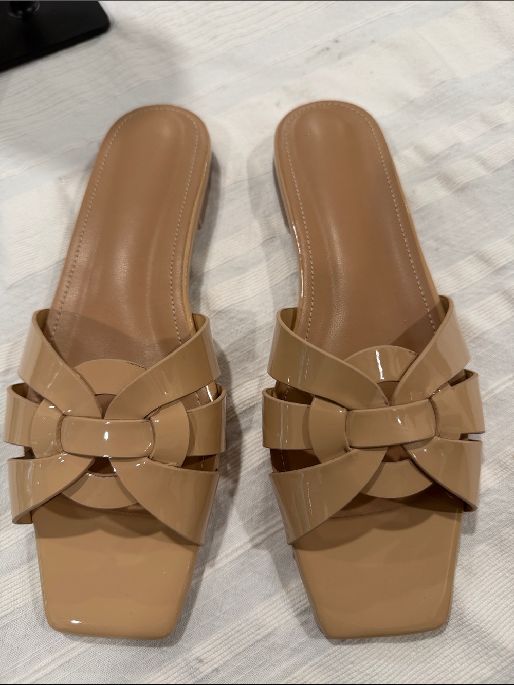 Women’s Nude Braided Patent Slide Sandals